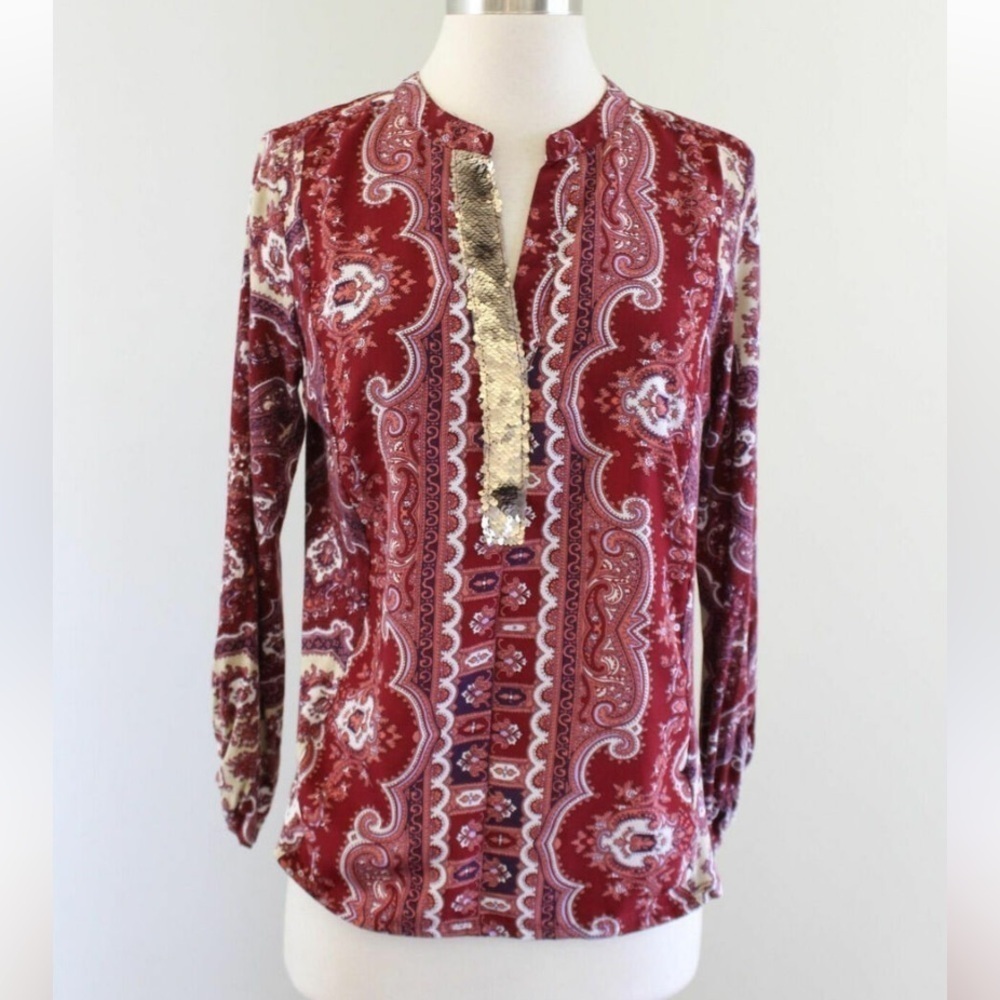 Tiny Anthropologie paisley print blouse boho slit v neck sequin Medium